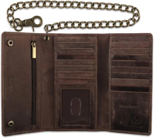Vista 7 de F&L CLASSIC RFID bloqueo para hombre triple estilo largo cuero de vaca cadena de acero billetera, Marrón antiguo, Classic