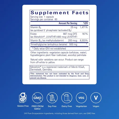 Vista 2 de Pure Encapsulations Factores de homocisteína Suplemento para apoyar los niveles normales de homocisteína y la salud cardiovascular* 60 cápsulas