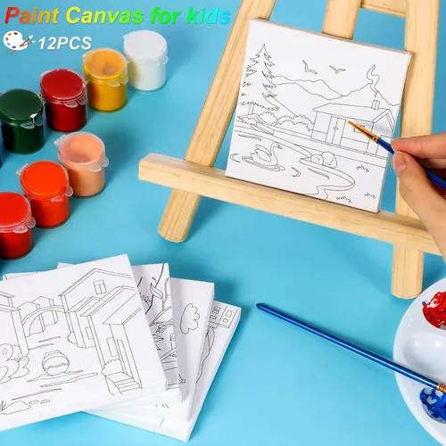 Vista 4 de 12 piezas de arte en lienzo de contorno predibujado de 4 x 4 pulgadas, tablas de pintura de lienzo estirado para el primer y último día de escuela