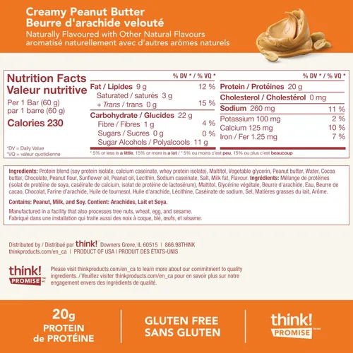 Vista 5 de Think! (thinkThin) Barras ricas en proteínas de 20 gramos – mantequilla de maní cremosa, 0 gramos de Azúcar, Sin Edulcorantes Artificiales, Sin