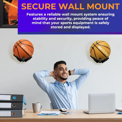 Vista 4 de Soporte de pelota montado en pared – Resina premium – Exhibición de baloncesto, fútbol, fútbol americano – Cuelga pelotas de forma segura