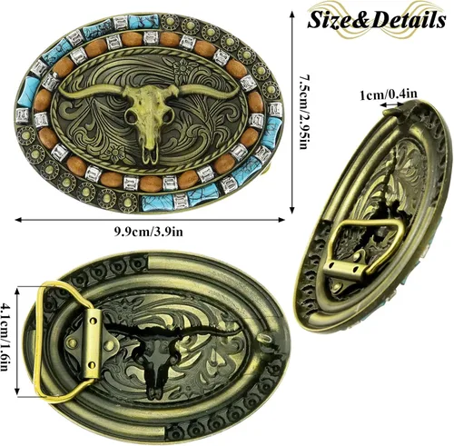 Vista 24 de RechicGu Hebilla de cinturón ovalada de calavera de toro de cuerno largo, cuentas de madera turquesa nativa americana, hebillas de vaquero