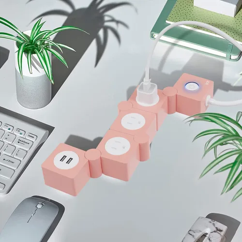 Vista 5 de iJoy - Tira de enchufes flexible: 3 salidas de corriente alterna y 2 puertos de carga USB con cable de extensión rosa, tiras de enchufes