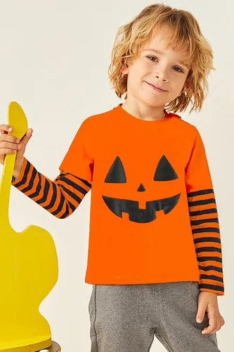Vista 2 de Camiseta de Halloween para niños pequeños y niñas, con cara de calabaza que brilla en la oscuridad, esqueleto y dinosaurio, camiseta de manga larga