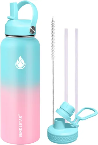 Vista 18 de SENDESTAR Botella de agua aislada de 24 onzas, boca ancha, botella de agua de 24 onzas con tapa con popote, tapa de boquilla, acero inoxidable