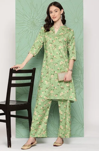 Vista 3 de Janasya Conjunto de coords con estampado floral digital de musgo verde para mujer