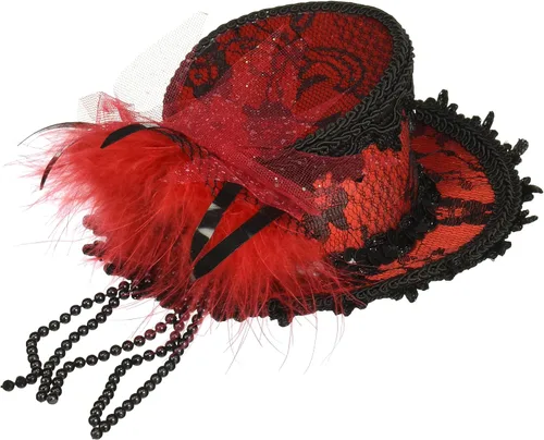 Vista 2 de Victoriano rojo y negro Mini cóctel Sombrero Tocado de encaje disfraz Burlesque nuevo