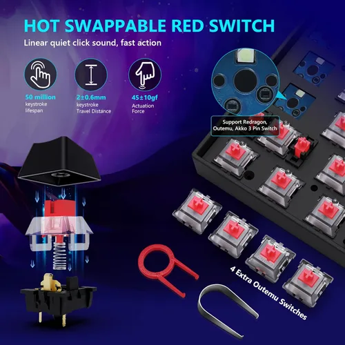 Vista 4 de Redragon Teclado mecánico para juegos teclado mecánico de intercambio en caliente con interruptores rojos editor macro totalmente programable