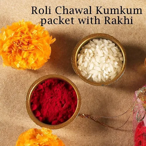 Vista 6 de Rakhi Juego de 2 Rakhi para hermano con tarjeta de felicitación Raksha Bandhan Roli Chawal Tika - Raksha Bandhan Designer Kundan Rakhi para hermano