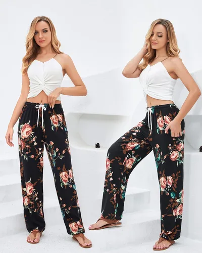 Vista 6 de QIANXIZHAN Pantalones de harén para mujer, pantalones hippie palazzo, pantalones bohemios, ropa de yoga con bolsillos