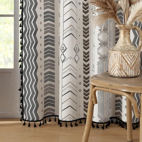 Vista 8 de Cortinas Boho ColorBird Beige Crema opacas, 2 paneles de 63 pulgadas de largo, tratamiento para ventanas con aislamiento térmico, estampado