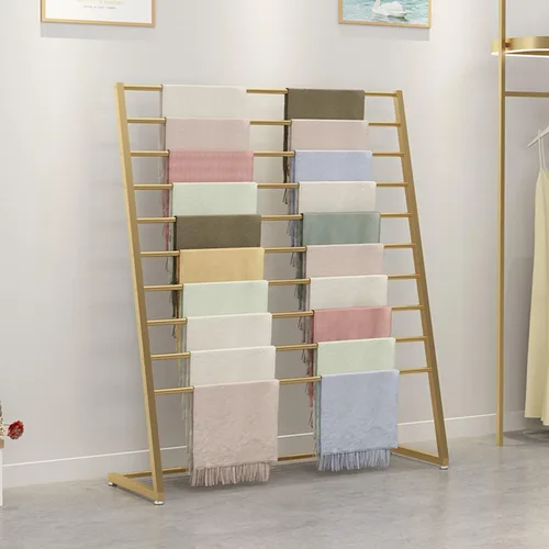 Vista 8 de Organizador de bufandas, soporte de exhibición de metal moderno para bufandas de seda, pantalones, hiyab/chal, estante de almacenamiento de 10 Negro
