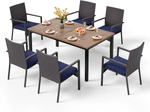 Vista 21 de PHI VILLA Juego de comedor al aire libre de 7 piezas para 6, mesa rectangular de hierro forjado de 152 cm con orificio para sombrilla y sillas