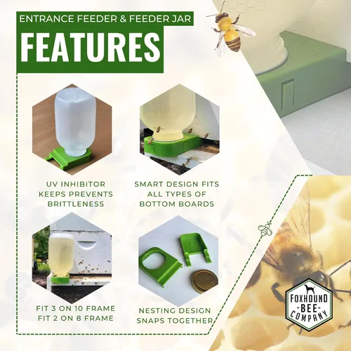 Vista 3 de Foxhound Bee Co: Comedero de abejas para apicultura con alimentador de entrada de plástico y botella extragrande de medio galón para alimentar