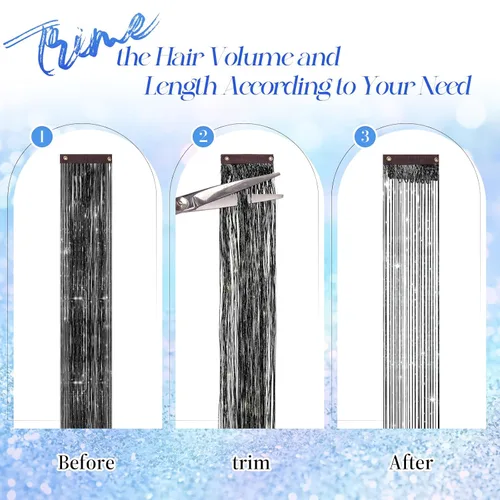 Vista 4 de FESHFEN Juego de 12 extensiones de cabello con clip, color negro, con clip, con purpurina, kit de accesorios coloridos para mujeres, de 20 pulgadas