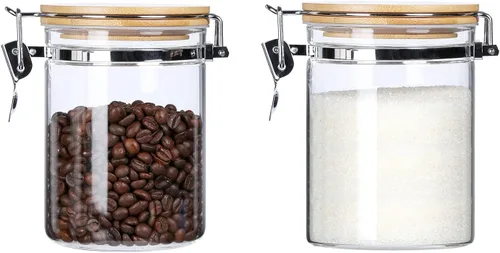 Vista 9 de Tarros de vidrio de borosilicato transparente con abrazadera de bloqueo hermético, tapas de bambú para cocina, sin BPA