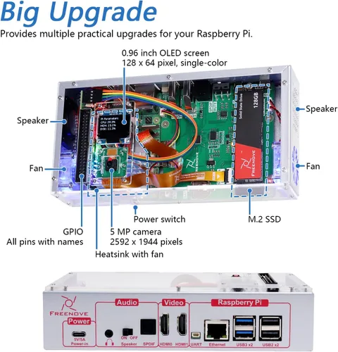 Vista 3 de Freenove Kit de carcasa de PC para Raspberry Pi 5 con ventilador de refrigeración, SSD M.2 NVMe de 128 GB 800 MB/s, cámara de 5 MP, pantalla OLED