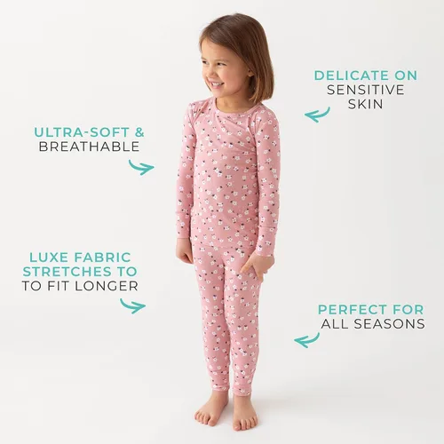 Vista 29 de Posh Peanut Pijamas para niñas, suaves, de viscosa de bambú para niños, pijamas a juego de manga larga para niñas