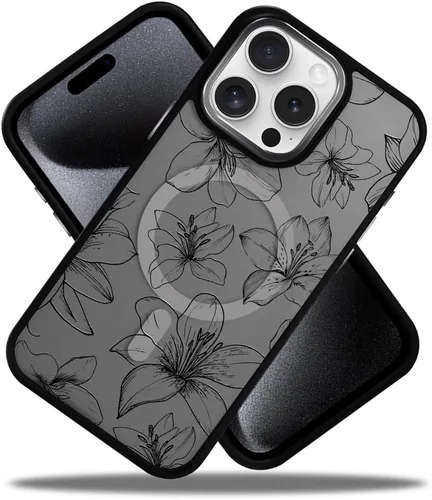 Vista 3 de DAIZAG Funda magnética para iPhone 13, [esquinas a prueba de golpes] [compatible con MagSafe], funda negra translúcida mate, estética floral de flor