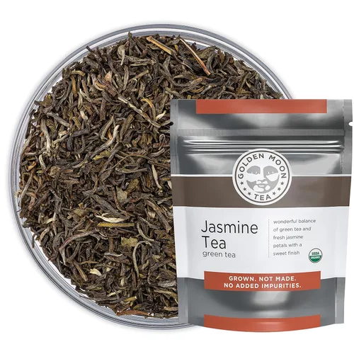 Vista 8 de Té Golden Moon Orgánico de Jazmín Verde - Hojas y Flores de la Mejor Calidad - Hojas Sueltas, Sin OMG - 1 Libra (192 Porciones)