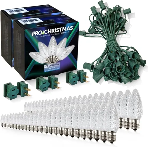 Vista 13 de Pro Christmas - Kit de luces C9 para exteriores, blanco cálido, cable verde, 50 bombillas, 50 pies