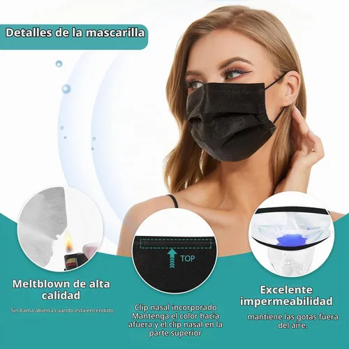 Vista 4 de Mascarilla desechable de 4 capas, color negro con interior blanco, paquete de 50