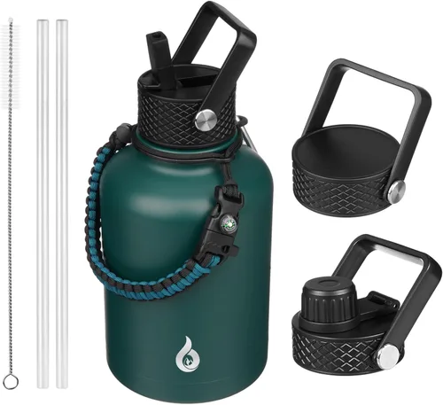 Vista 10 de BJPKPK Botellas de Agua Aisladas con Tapa de Pajita, Botella de Agua de Acero Inoxidable de 18oz, Termo Frío Caliente con 3 Tapas, Vaso de Viaje a