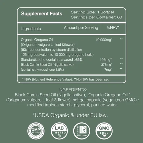 Vista 9 de Cápsulas blandas de aceite de orégano y semillas negras – Carvacrol natural y poten puro aceite de semilla negra – 7 mg de timoquinona – Orgánico