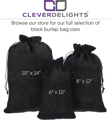 Vista 4 de CleverDelights Bolsas de arpillera negras de 10" x 14" - Paquete de 5 sacos de yute con cordón de arpillera