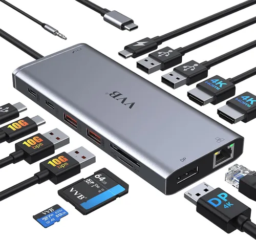 Vista 9 de Estación de acoplamiento USB C de monitor dual para laptop Dell/Lenovo/HP; estación de acoplamiento HDMI; hub USB C; adaptador multipuerto dongle