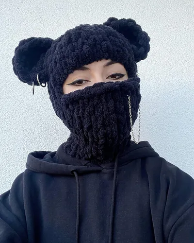 Vista 3 de Máscara de esquí de punto con diseño de ganchillo, máscara facial con diseño de conejo divertido en 3D, para Año Nuevo, clima frío o fiesta