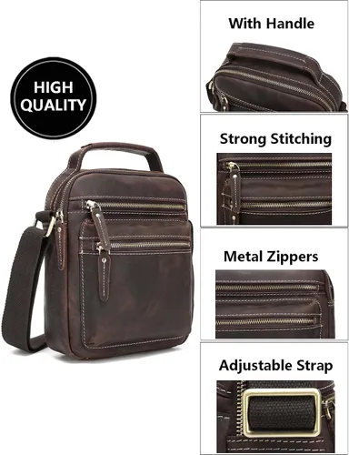 Vista 6 de Taertii Bolso bandolera de cuero pequeño para hombre, bolso cruzado para viajes, negocios, senderismo, uso diario, Marrón