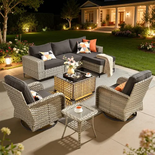 Vista 9 de HOOOWOOO Juego de muebles de patio de 5 piezas, sofá modular en forma de L para exteriores con mesa solar, mimbre PE para todo tipo de clima, sofá