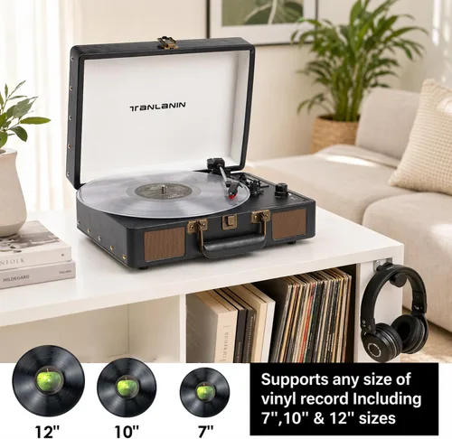 Vista 2 de Reproductor de discos de vinilo con altavoces integrados, tocadiscos de entrada Bluetooth de 3 velocidades, grabación y reproducción USB/TF