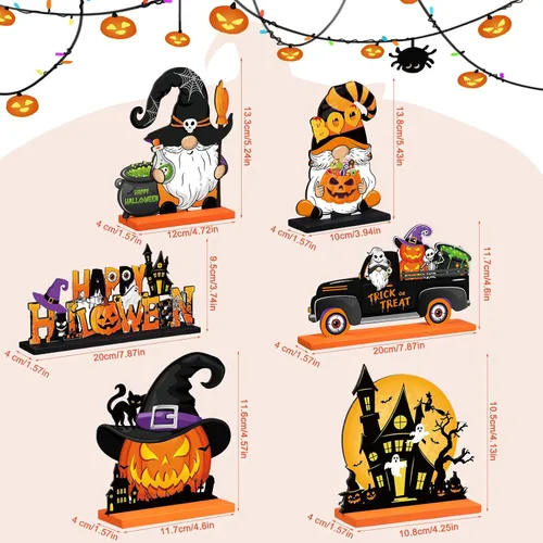 Vista 2 de Soaoo 6 piezas de centros de mesa de madera de Halloween, decoración de centro de mesa de madera de Halloween, letreros de calabaza, gnomo, sombrero