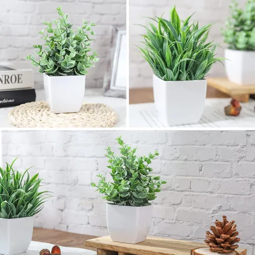 Vista 3 de Un paquete de 6 plantas falsas pequeñas y 2 paquetes de plantas falsas pequeñas, mini plantas artificiales en maceta para mesa, escritorio, hogar