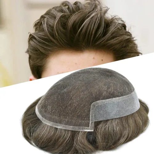 Vista 21 de Toupee para hombres sistemas de reemplazo de piel sintética con encaje suizo para hombre, nudos blanqueados, línea capilar natural para hombres