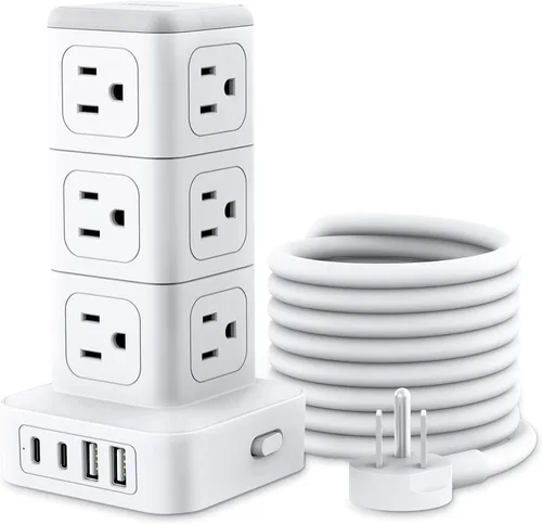 Vista 12 de NTONPOWER Torre de regleta de alimentación con protector de sobretensiones, torre de protección de sobretensiones 1080J, 12 salidas de CA, 4 puertos
