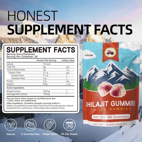 Vista 7 de KIMON Himalayan Shilajit Gummies - Gomitas Shilajit naturales con sabor a uva para hombres y mujeres, potenciador de energía con Ashwagandha y más