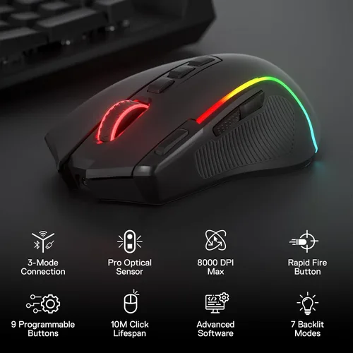 Vista 2 de Redragon Ratón para juegos M612 PRO RGB, 8000 DPI con cableinalámbrico ratón óptico con 9 botones programables y 7 modos retroiluminados, BT y 2.4G