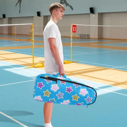 Vista 8 de Mochila de tenis para mujeres y hombres, transpirable, con purpurina falsa, con diseño de estrella de dibujos animados, bolsa de tenis azul