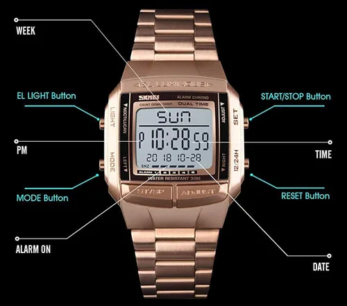 Vista 7 de Reloj digital para hombre, con alarma, cronómetro, reloj de negocios, cuadrado, impermeable, para hombre