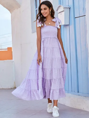 Vista 5 de Floerns - Vestido de verano para mujer estilo bohemio estampado floral con tira de amarre acampanado largo