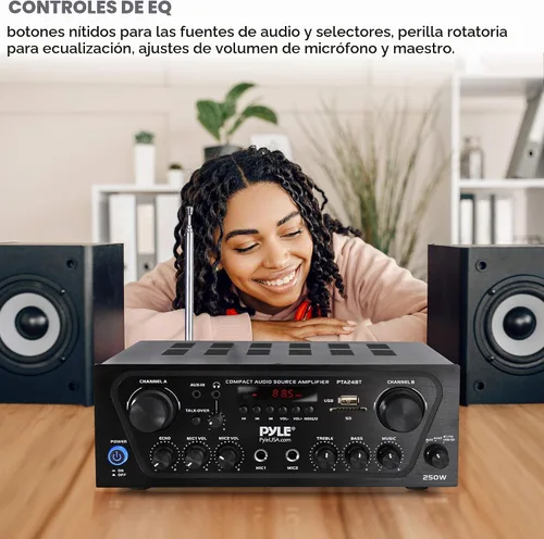 Vista 6 de Pyle - Amplificador de potencia de sonido doméstico para karaoke mejorado con entrada auxiliar, bluetooth, USB, 2 entrada de micrófono con eco