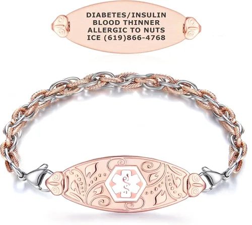 Vista 8 de Divoti Pulseras de alerta médica para mujer, pulsera de identificación médica de filigrana de oro rosa PVD grabada personalizada, con malla