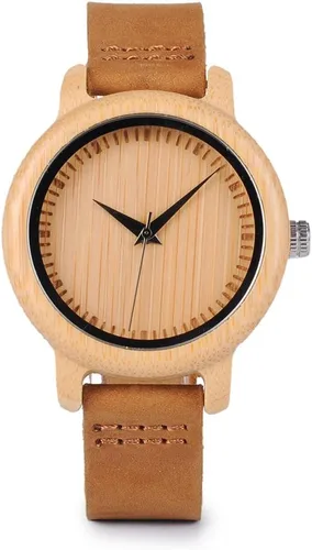 Vista 18 de BOBO BIRD Reloj de madera de bambú para hombre y mujer con correa de cuero de vaca marrón, relojes casuales de cuarzo analógico
