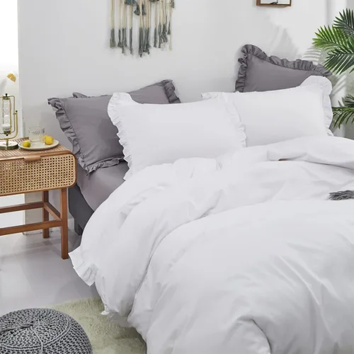Vista 2 de CLOTHKNOW juego de edredón blanco de tamaño queen con volantes, ropa de cama de estilo granja, juegos de edredón shabby chic para todas las Volantes