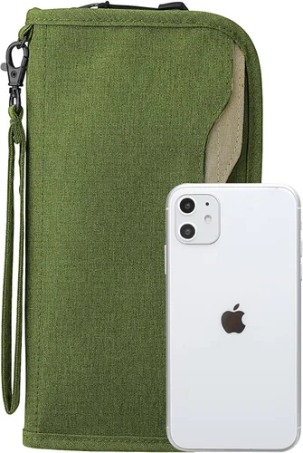 Vista 6 de ZOPPEN Cartera de viaje RFID y organizador de documentos con cremallera con correa de muñeca extraíble, Cartera RFID