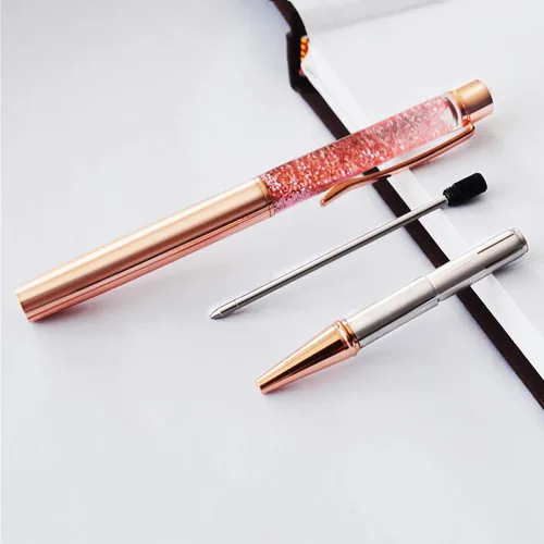 Vista 4 de ZZTX 3 bolígrafos de oro rosa, bolígrafo de metal brillante dinámico de arena líquida con repuestos, tinta negra, suministros de oficina, bolígrafos
