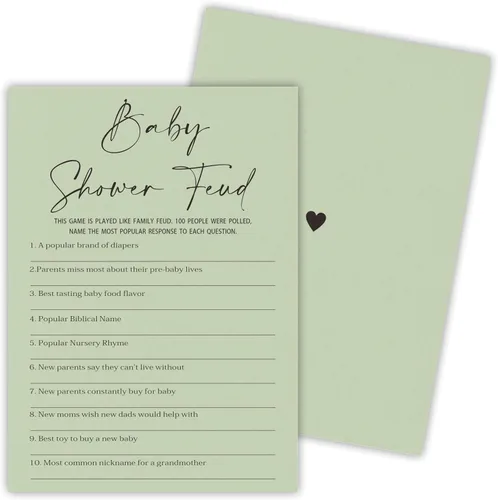 Vista 10 de 30 tarjetas de juego minimalistas verdes para baby shower con tarjeta de respuesta, juego de vientre de bebé o cerveza, juegos de baby shower